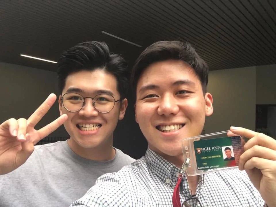 Eugene Cheng holding his Ngee Ann Polytechnic associate lecturer pass on his first day of teaching