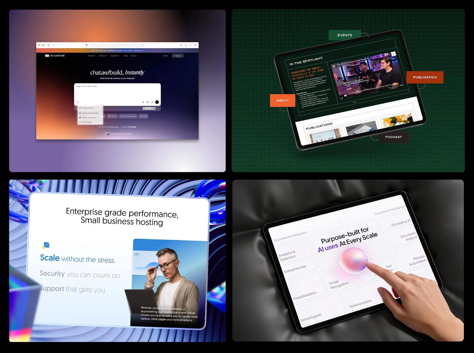 A grid of go-to-market assets Eugene has worked on: product pages, decks and site designs