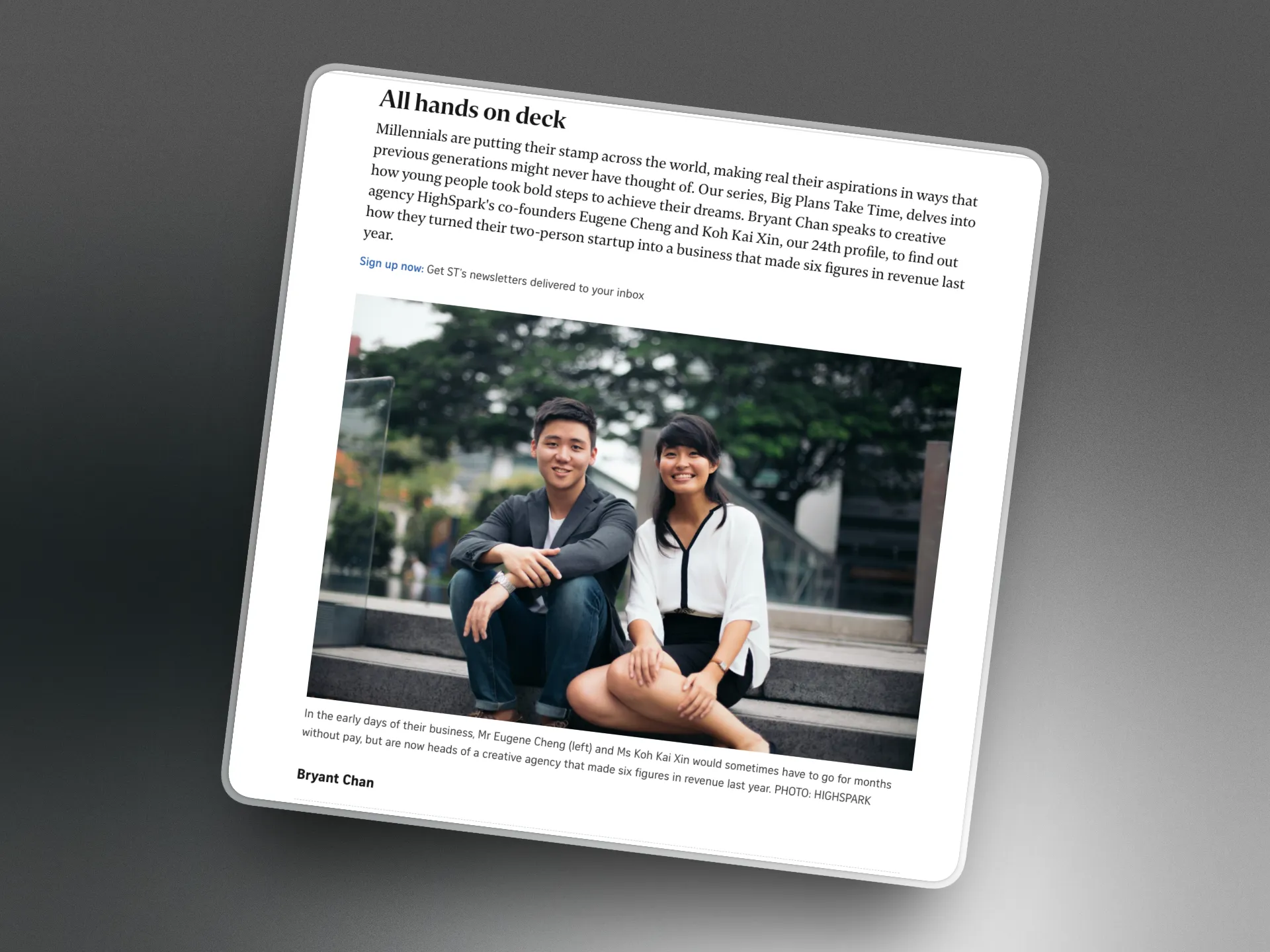 The Straits Times feature on HighSpark's co-founders, All hands on deck