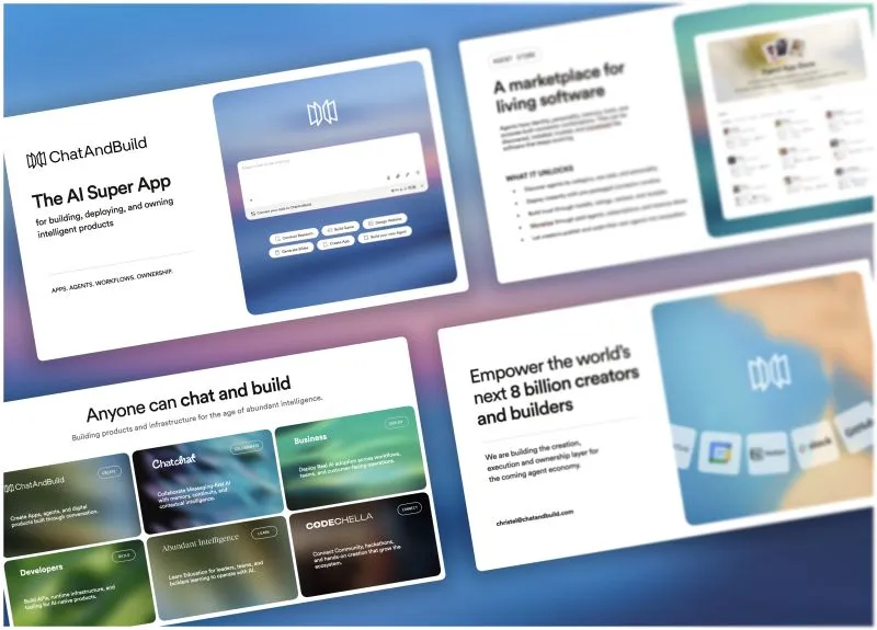 Messaging and site work for ChatAndBuild, shown across four screens